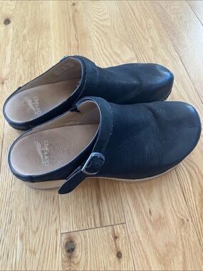 Dansko Black Leather Slip-On Clogs with Buckle
